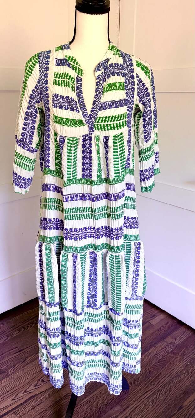 Valérie Khalfon Paris Tiered Midi Dress with Green and Blue Geometric Print EUC